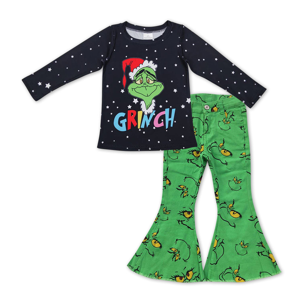 Christmas Black Cartoon Baby Shirt Green Cartoon Bell Pants Jeans