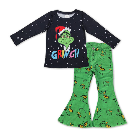 Christmas Black Cartoon Baby Shirt Green Cartoon Bell Pants Jeans