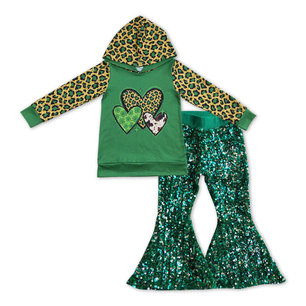 Leoaprd Heart Hooded + Green sequin Bell Pants