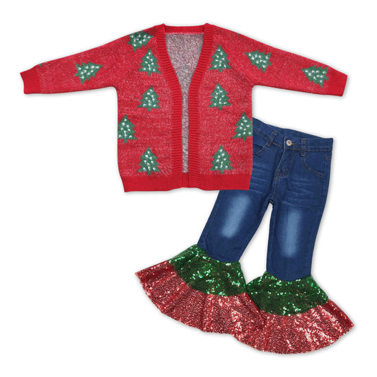 Christmas Red Tree Print cardigans + bottom Sequin Bell Pants Jeans