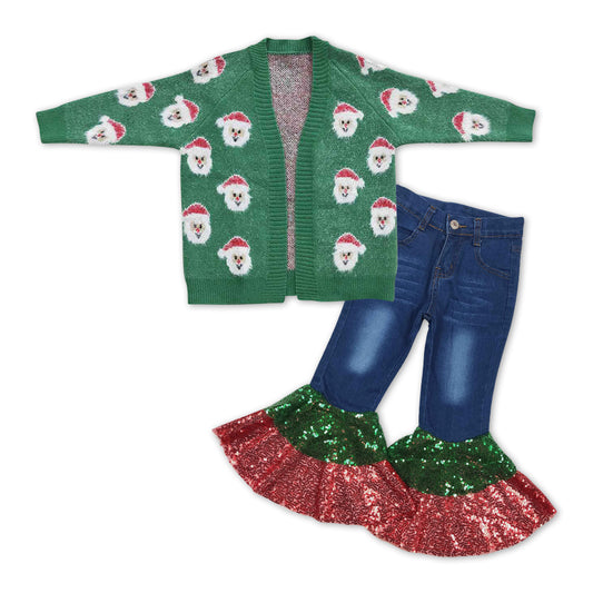 Christmas Green Santa Print cardigans + bottom Sequin Bell Pants Jeans