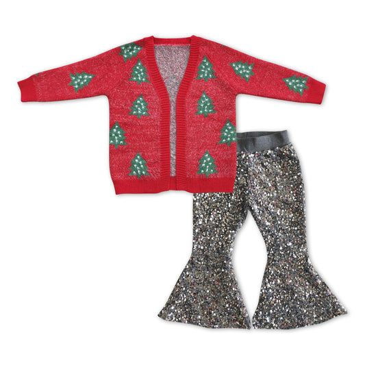 Christmas Red Tree Print cardigans + Grey Sequin Bell Pants