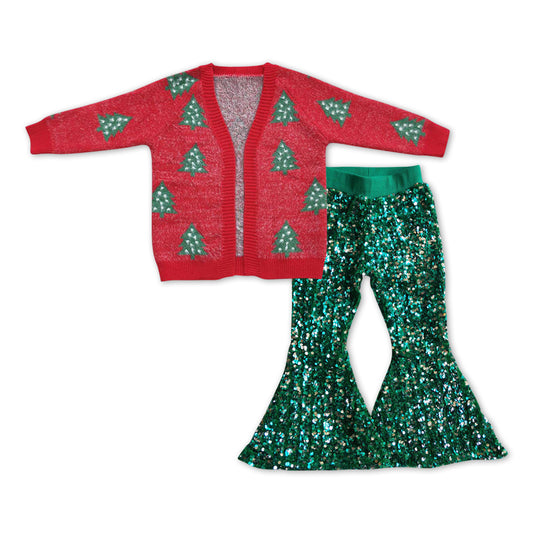 Christmas Red Tree Print cardigans + Green Sequin Bell Pants