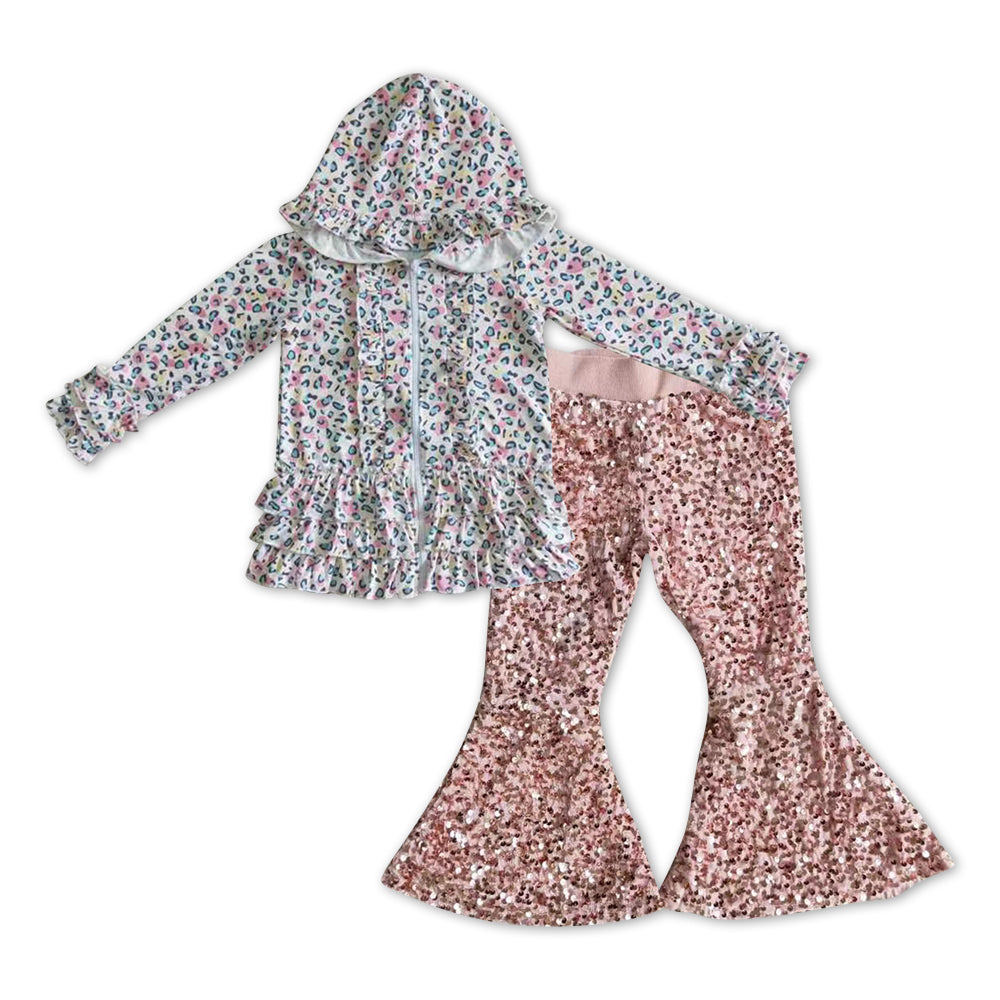 Leopard Print Cotton Girls Jacket + Pink sequin Bell Pants Girls Set