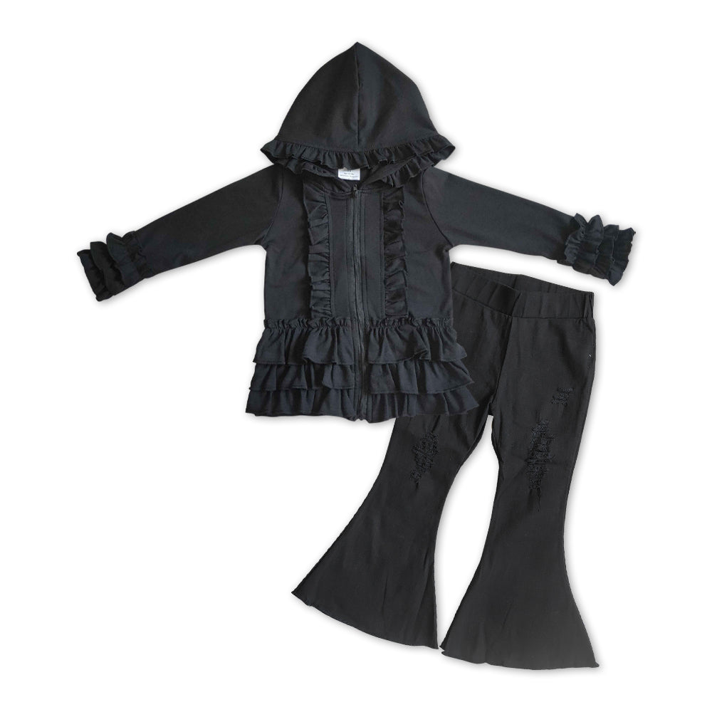 Black Cotton Girls Jacket + Black Bell Pants Girls Set