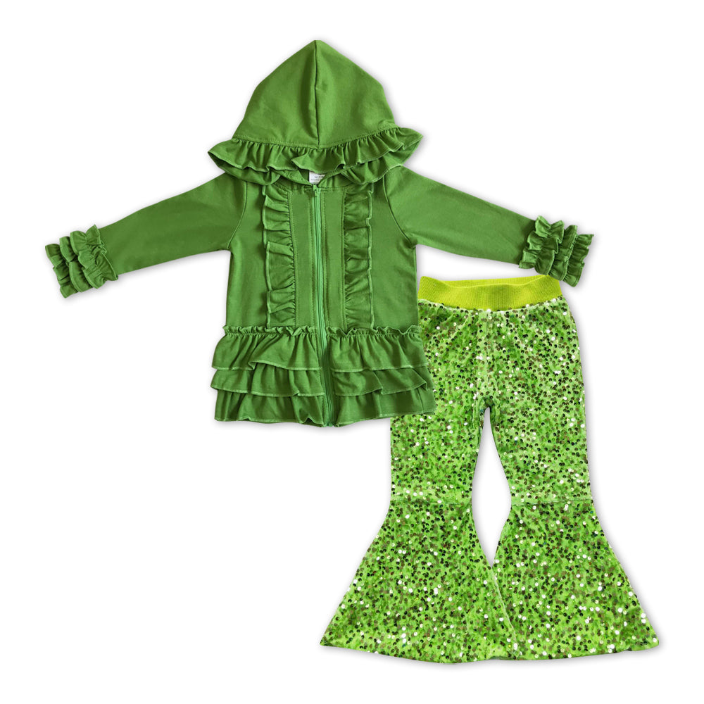 Green Cotton Girls Jacket + Green sequin Bell Pants Girls Set