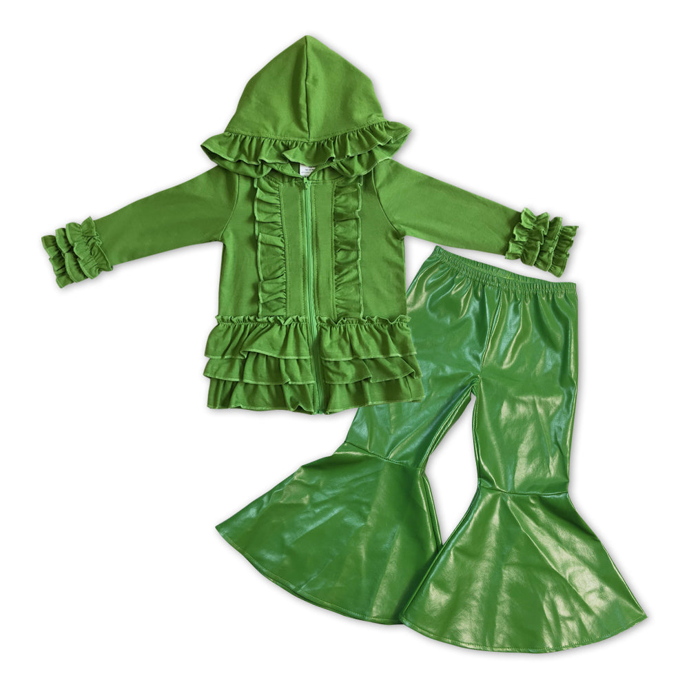 Green Cotton Girls Jacket + Green Letter Bell Pants Girls Set