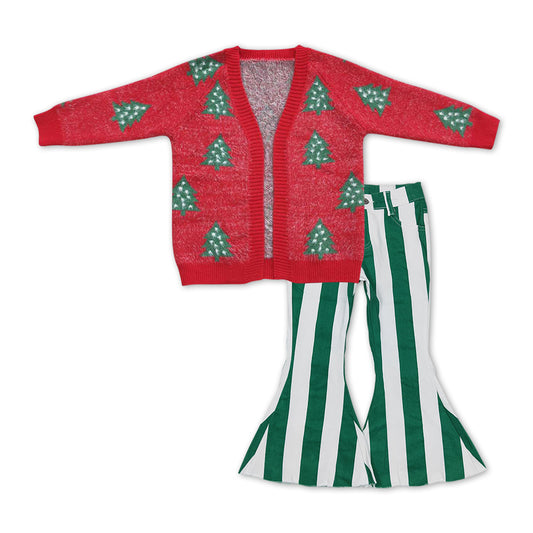 Christmas Red Tree Print cardigans +Green Stripe Bell Pants Jeans