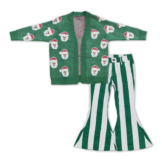 Christmas Green Santa Print cardigans + Green Stripe Bell Pants Jeans