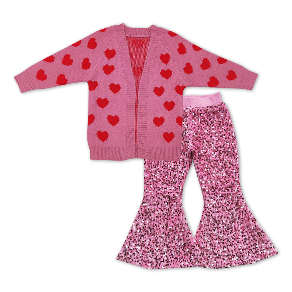 Valentine day's Pink Heart Print cardigans + Pink Sequin Bell Pants