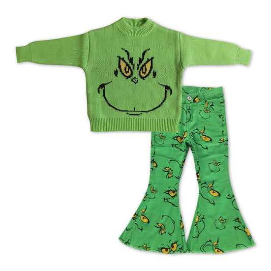 Christmas Sweater Green Cartoon Bell Pants Jeans