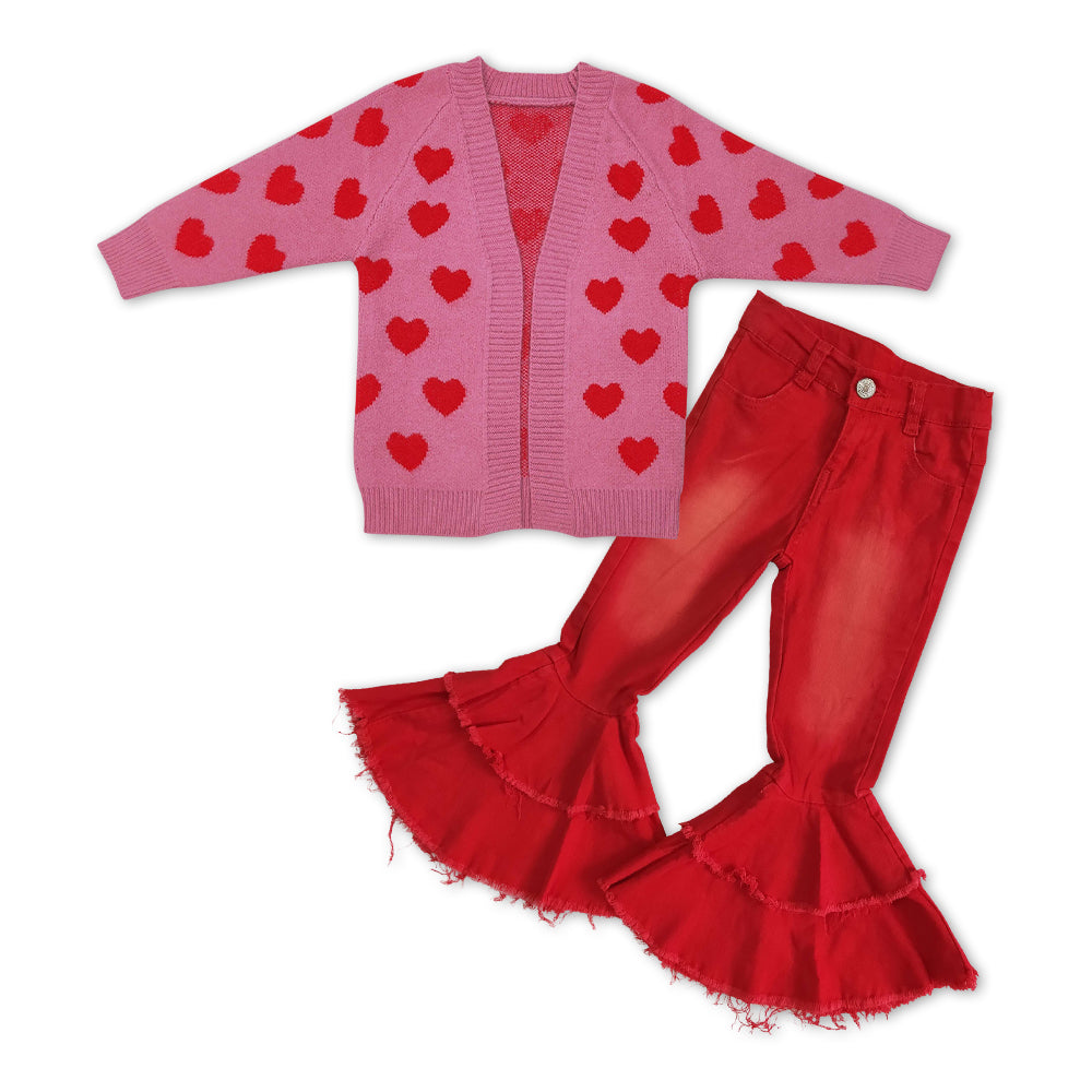 Valentine day's Pink Heart Print cardigans + Red Bell Pants