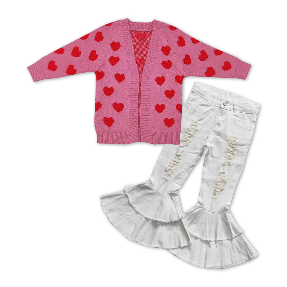 Valentine day's Pink Heart Print cardigans + White Bell Pants