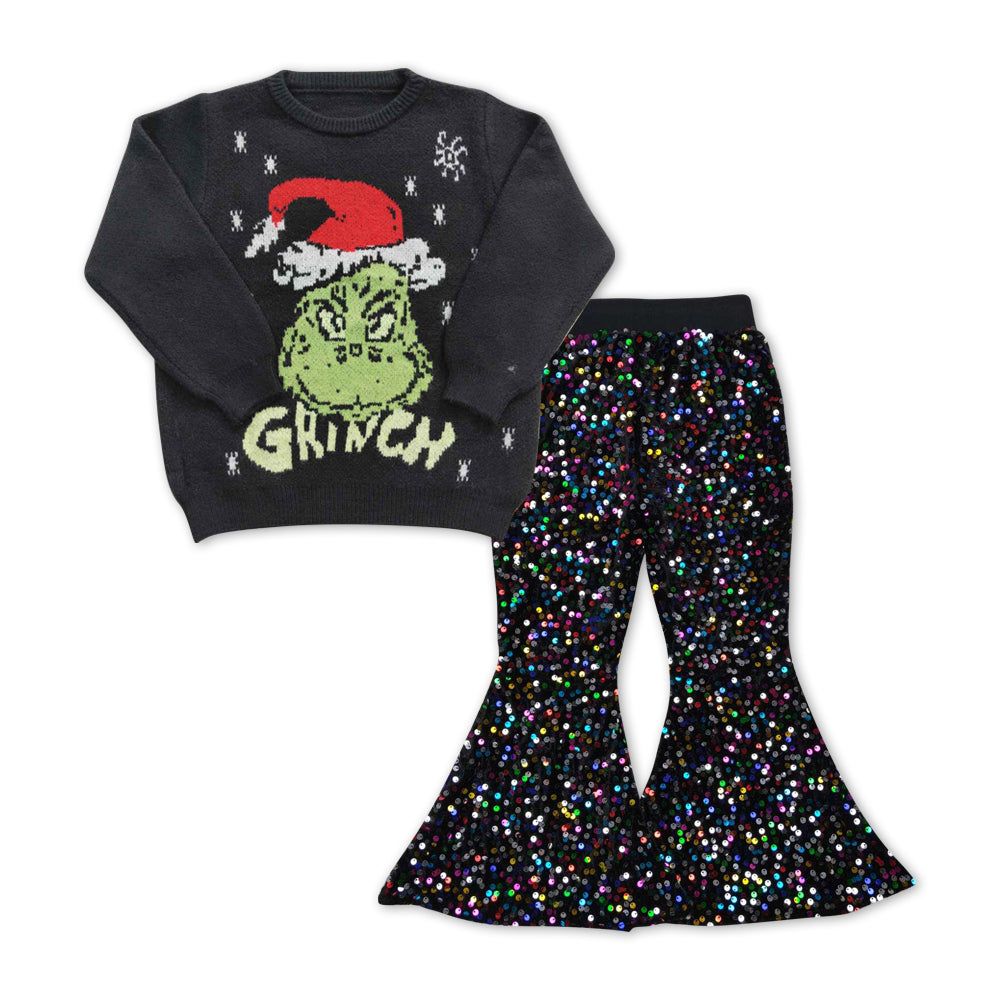 Christmas Cartoon Black Sweater Sequin Bell Pants Jeans