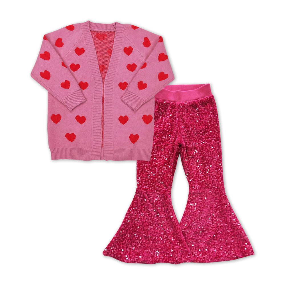 Valentine day's Pink Heart Print cardigans +Hot Pink Sequin Bell Pants