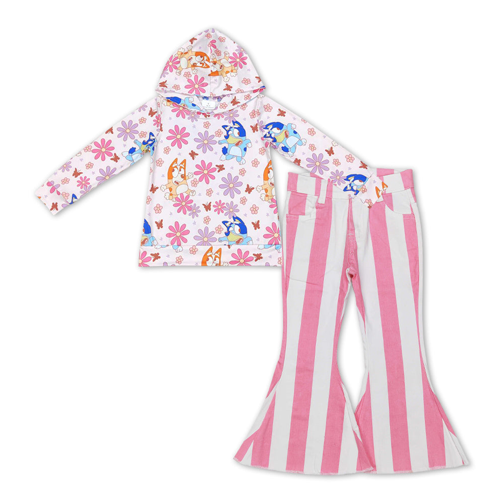 Pink Cartoon floral + Pink Stripe Denim Bell Pants Girls Set