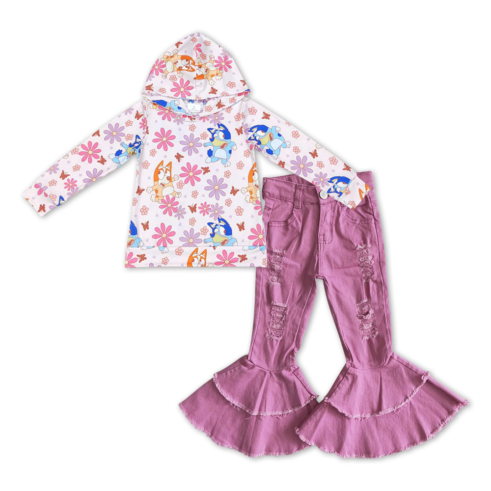 Pink Cartoon floral + Purple Denim Bell Pants Girls Set