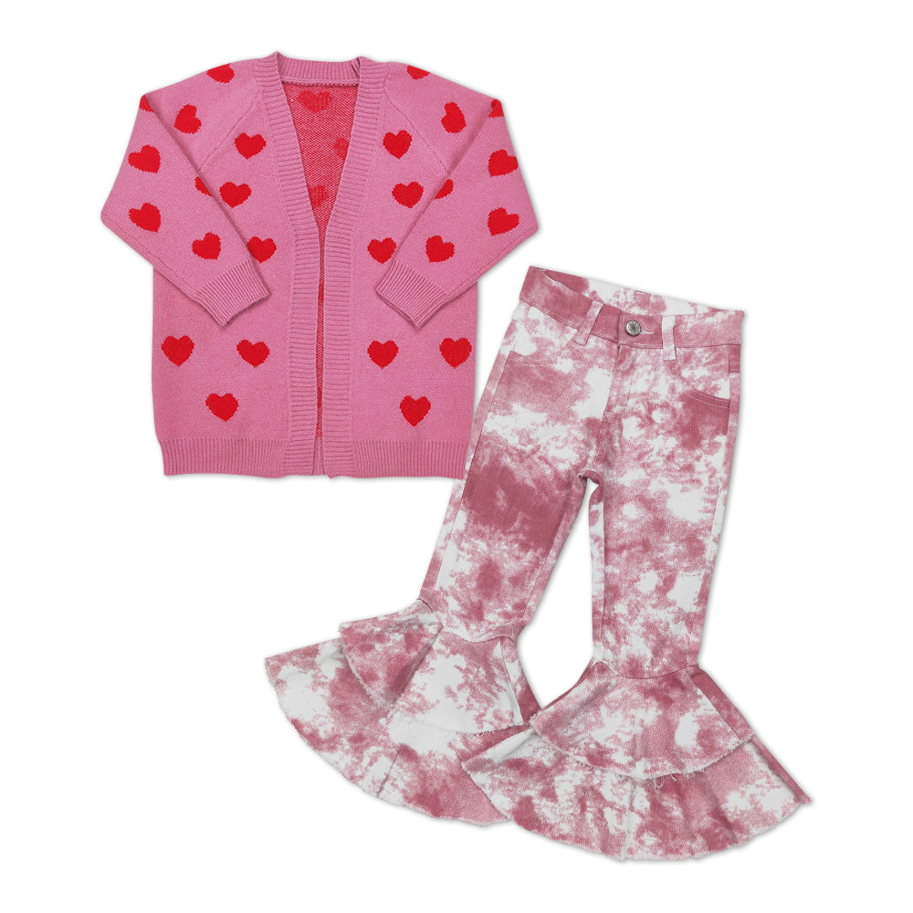 Valentine‘s Day Pink Heart Print cardigans + Pink watercolor Bell Pants Jeans