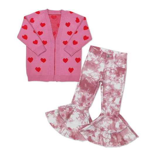 Valentine‘s Day Pink Heart Print cardigans + Pink watercolor Bell Pants Jeans