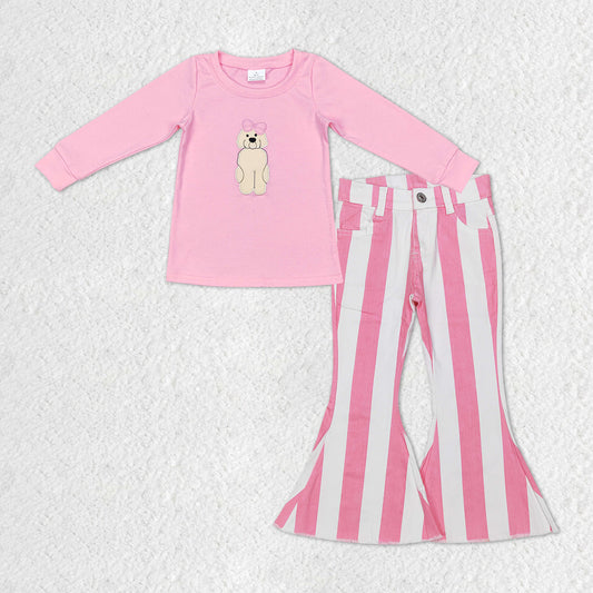 Embroidery Pink Dog Long Sleeve Shirt Pink Stripe Jeans