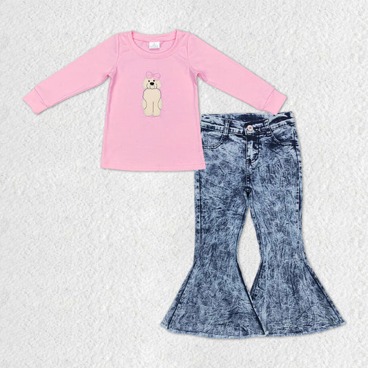 Embroidery Pink Dog Long Sleeve Shirt BlueJeans
