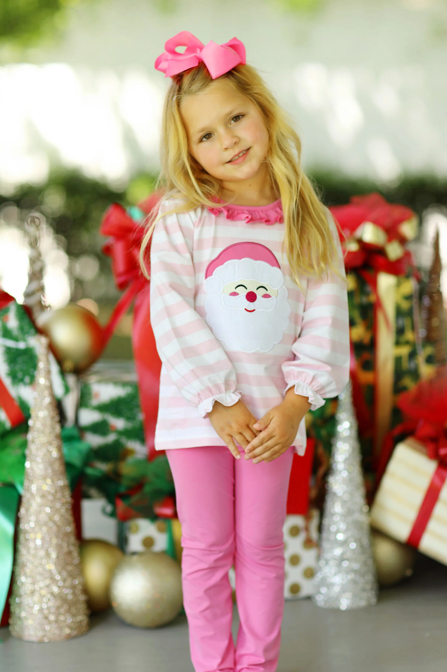 Pre-order Christmas Santa Pink stripe print Long sleeve pants Girls pajamas GLP1739