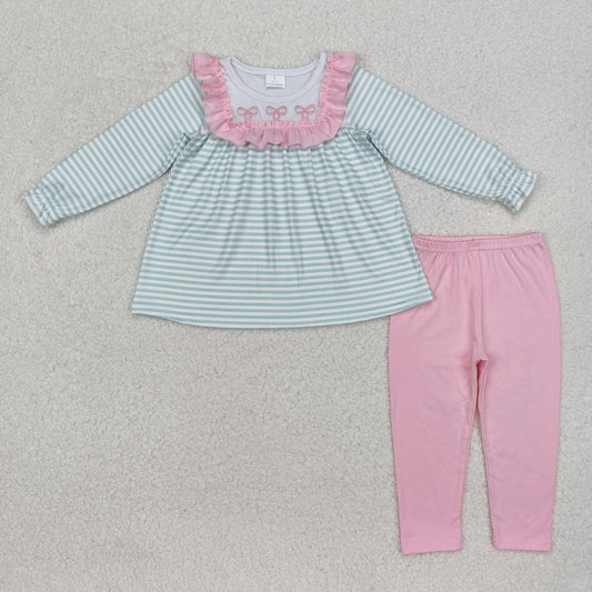 pink bow embroidery green stripe Long Sleeve Girls Set