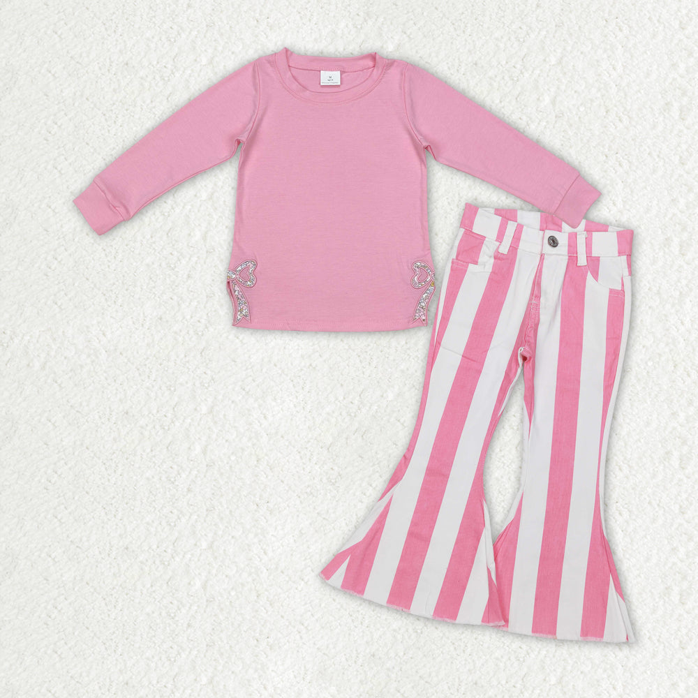 pink bow top+Pink stripe Bell jeans Girls Set