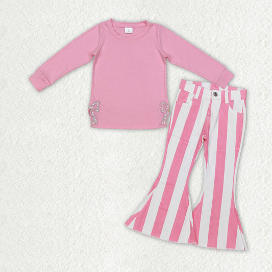 pink bow top+Pink stripe Bell jeans Girls Set