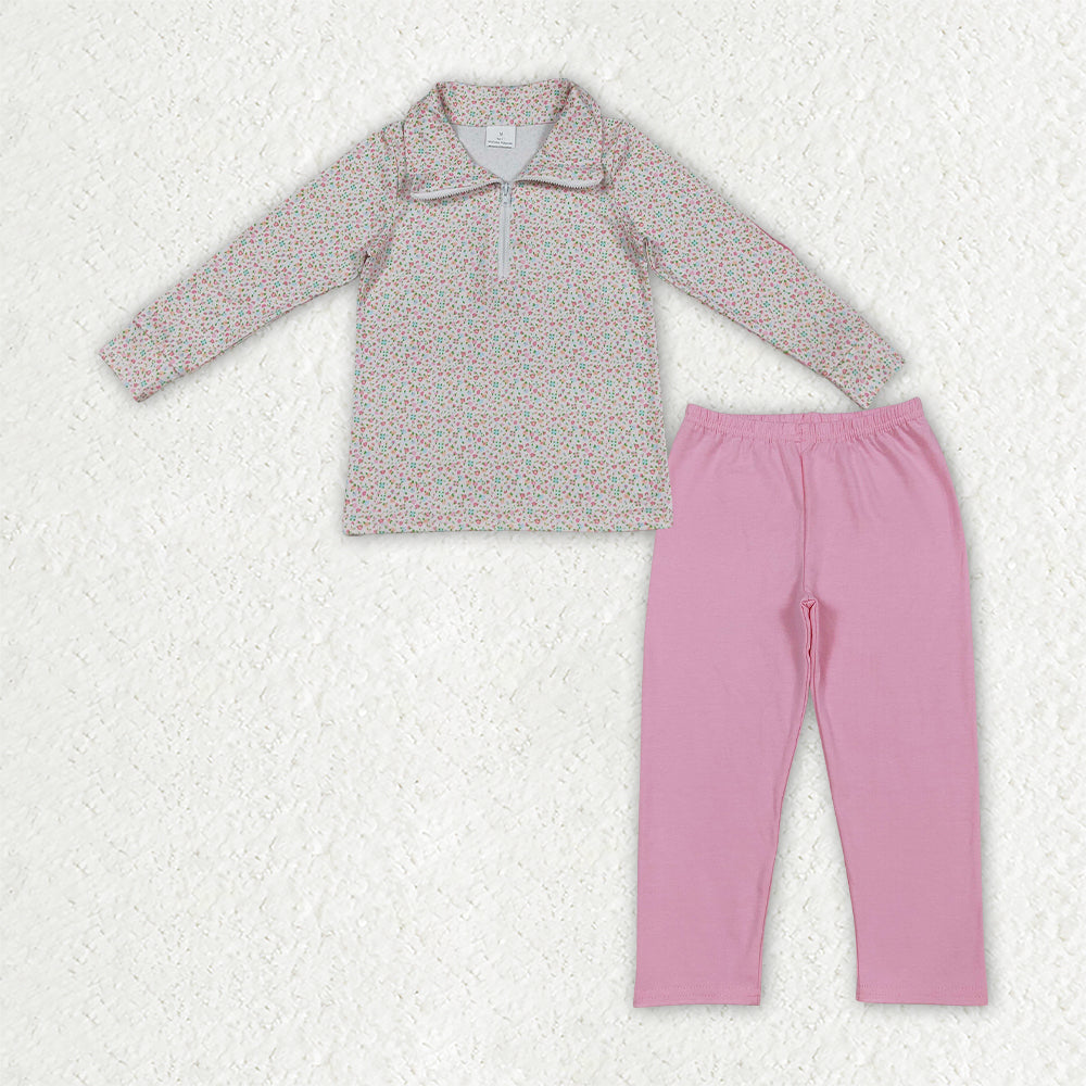 GLP2666 Flower Pink Zipper Pullover Girls Set