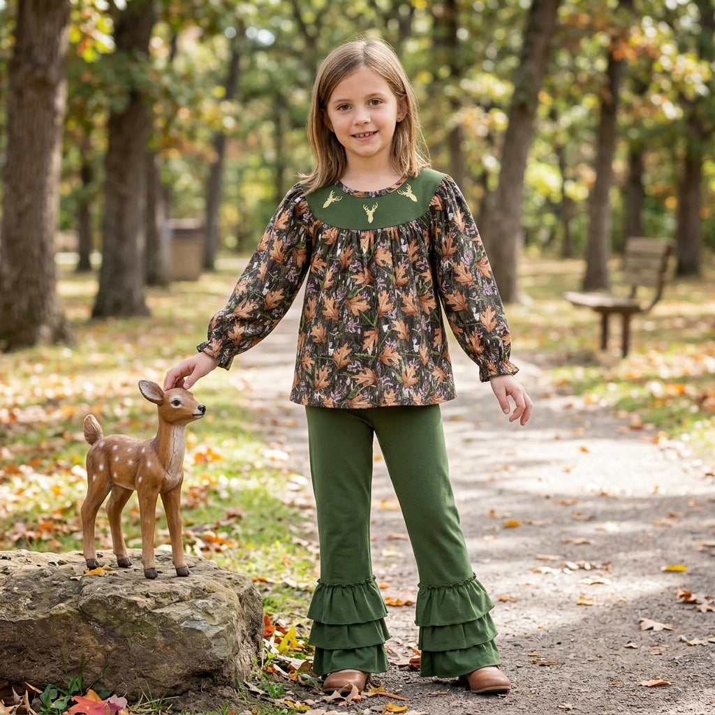 GLP2908 Embroidery Hunting Elk Army Green Girls Set