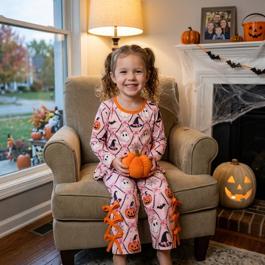 GLP3434 Halloween Pumpkin Bows Scallop Edge Girls Set