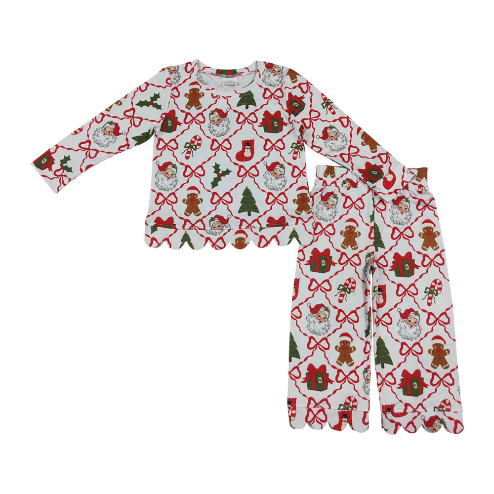 Chrsitmas santa bow scalloped edges Long Sleeve Girls Set GLP3447