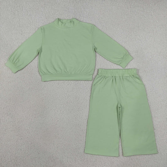GLP3474 Solid Color Cotton Light Green Middle Neckline Girls Set