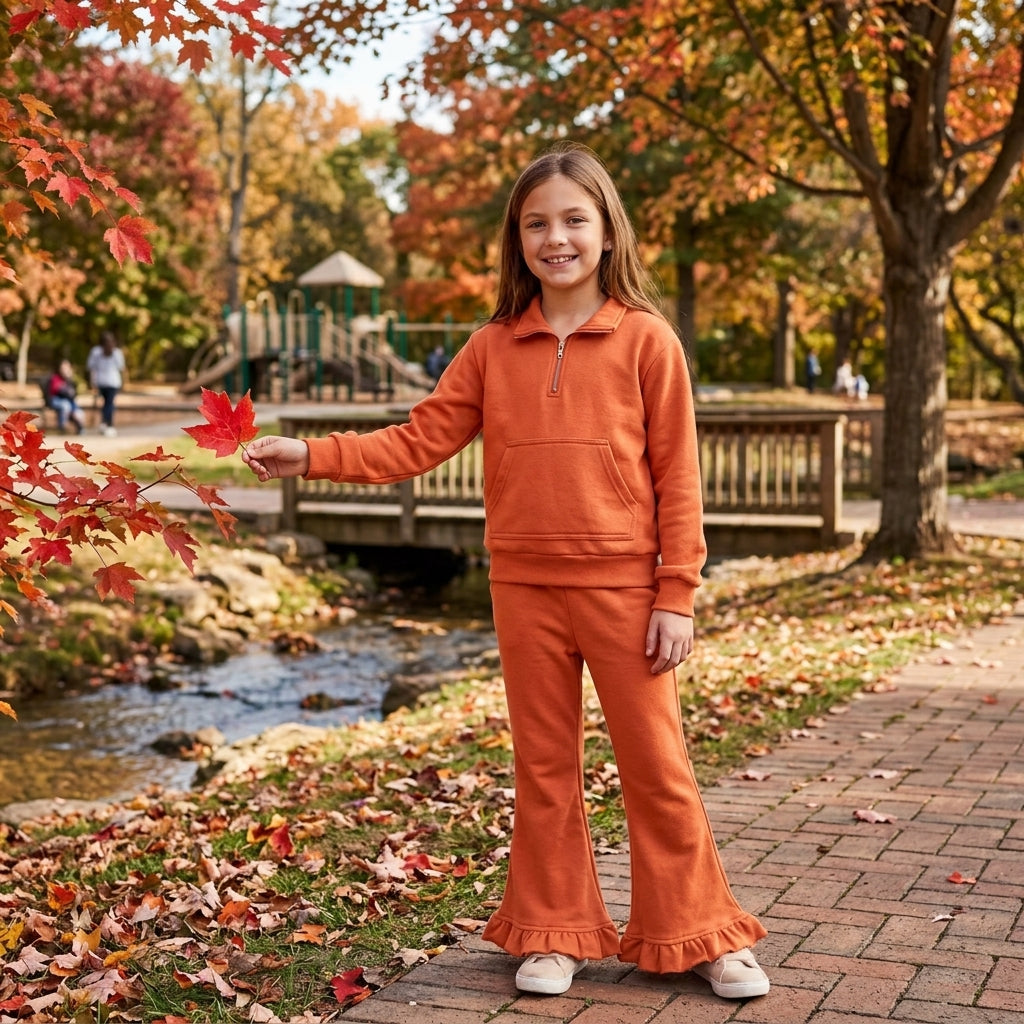 GLP3490 Solid Color Orange Thick Sweatshirt Pullover Girls Flared Set