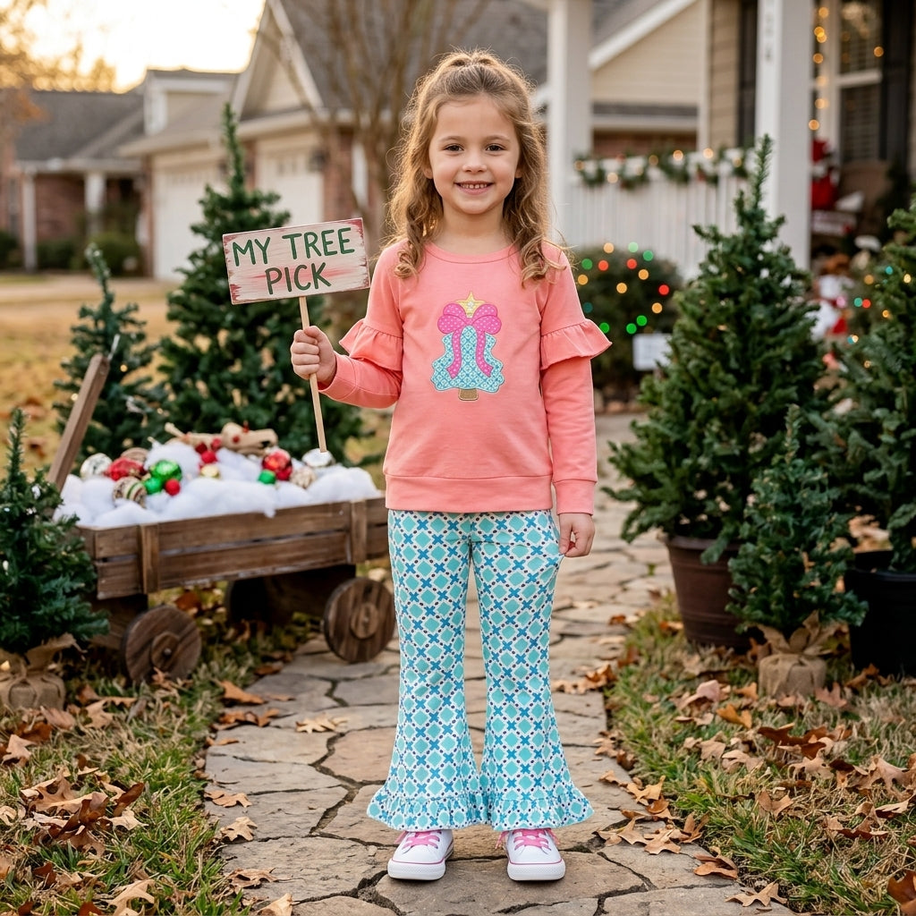 Embroidery Christmas Trees Bows Girls Set GLP3548