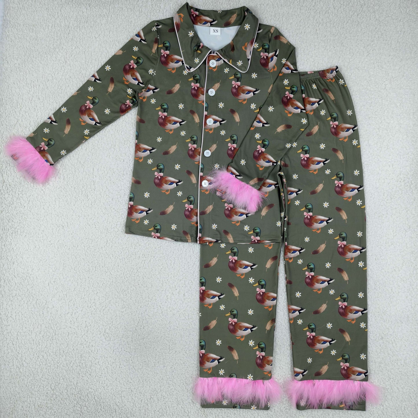GLP3628 Mallard Ducks Pink Feather Buttons Adult Women Pajamas Set
