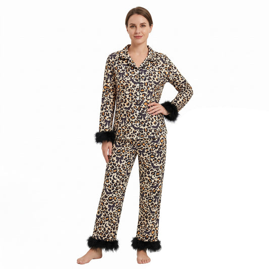 GLP3639 Halloween Bats Leopard Black Feather Buttons Adult Women Pajamas Set