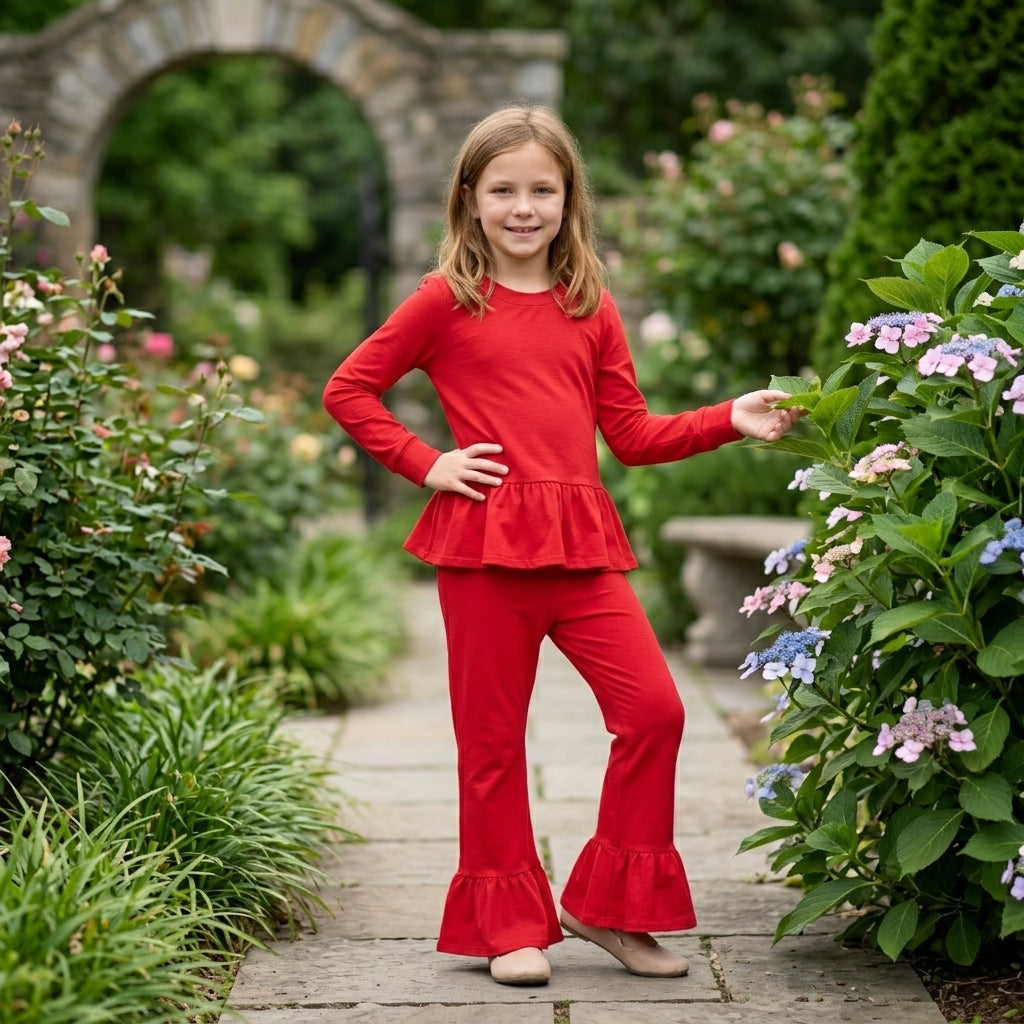GLP3749 Solid Color Cotton Red Ruffles Girls Set