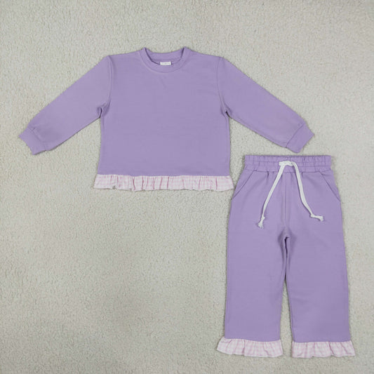 GLP3755 Solid Color Purple Cotton Pink Plaid Ruffles Girls Set