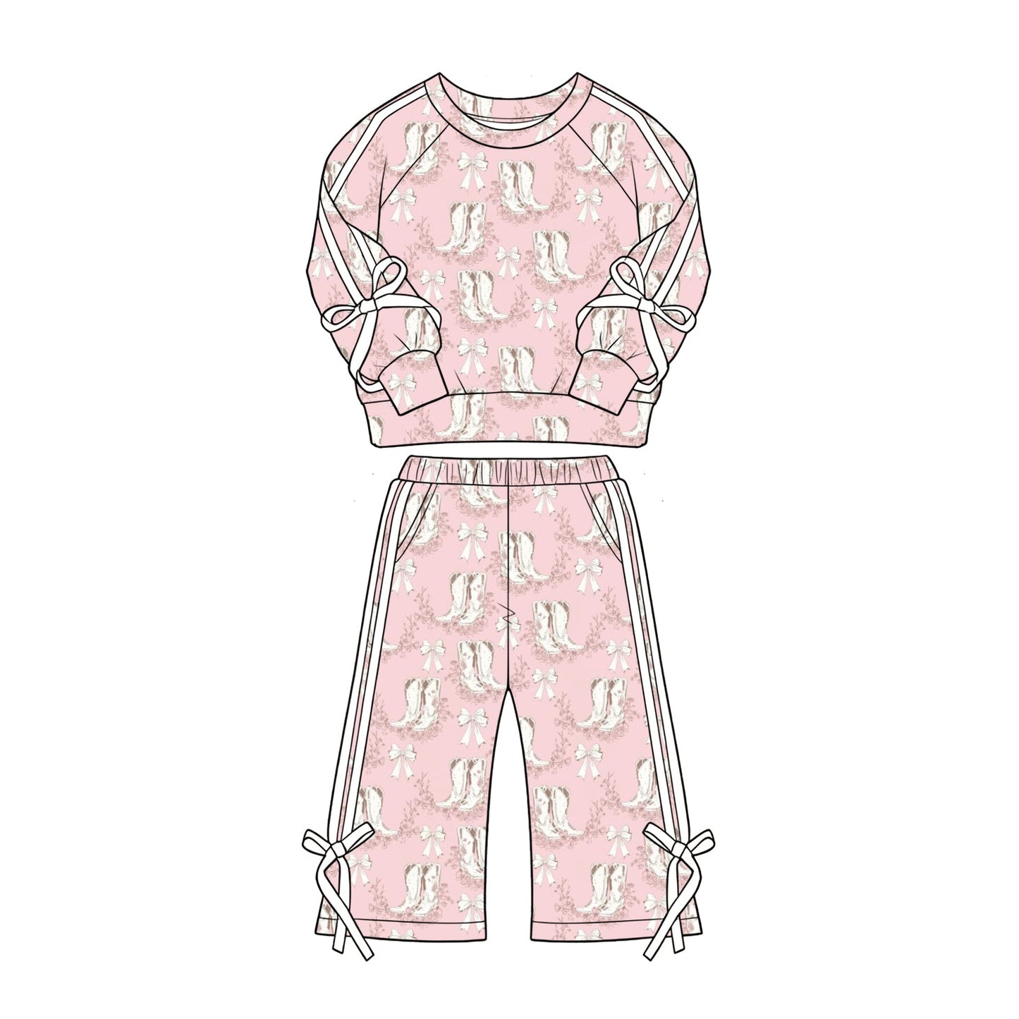 Preorder MOQ 5 pcs GLP3805 Bows Boots White Stripe Girls Set