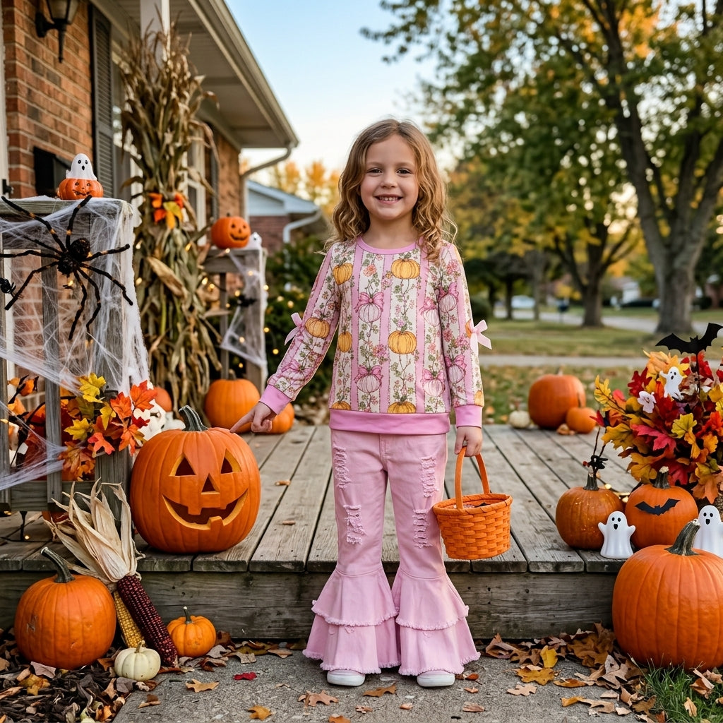 GLP3851 Fall Pumpkin Flower Bows Pink Denim Jeans 2 Pcs Girl's Set