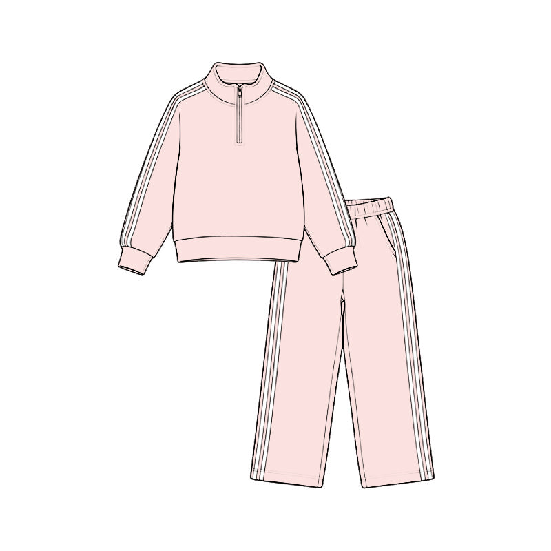 Preorder MOQ 5 pcs GLP3860 Solid Color Cotton Stripe Zipper Pullover Girls Set