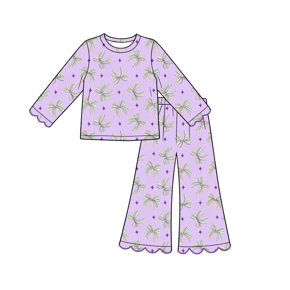 Preorder MOQ 5 pcs GLP3976 Mardi Gras Stripe Bows Purple Scallop Edge Girls Set