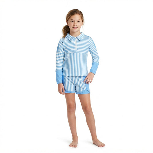 GLS0107 Solid Color Stripe Sky Blue Pullover Yoga Girls Shorts Set