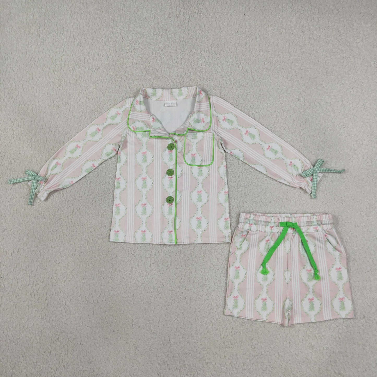 GLS0171 Christmas Trees Bows Green Girls Shorts Pajamas Set