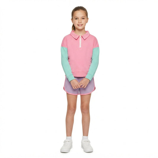 GLS0193 Solid Color Pink Pullover Girls Shorts Set