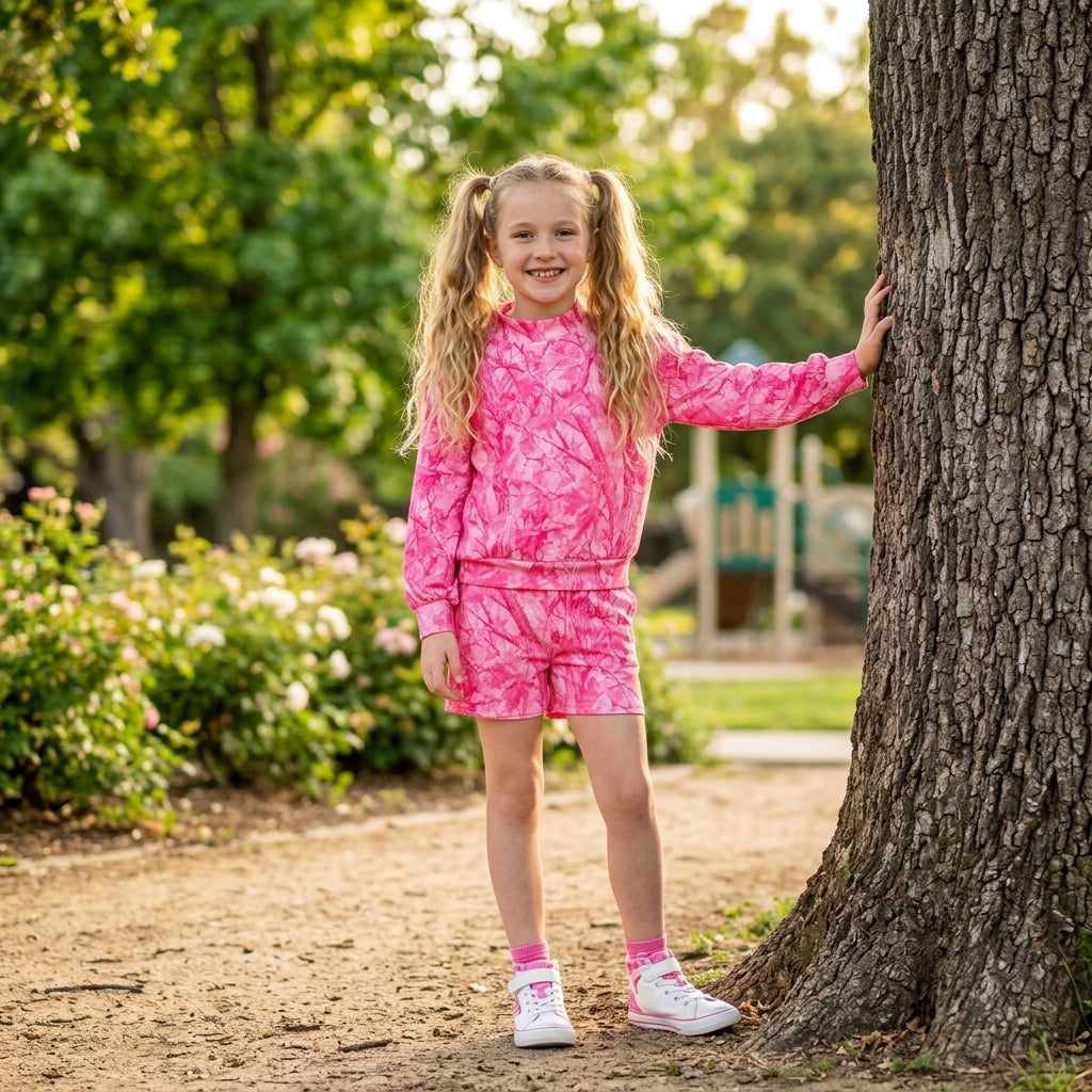GLS0196 Hunting Camo Leaves Rose Red Girls Shorts Set