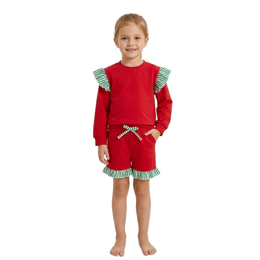 GLS0217 Christmas Solid Color Stripe Ruffles Red Girls Shorts Set