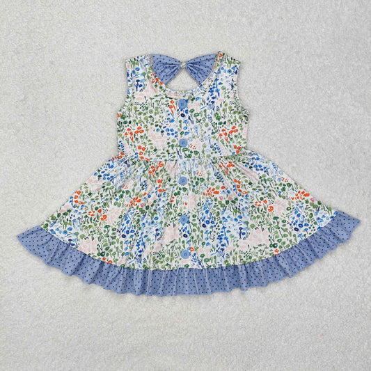 blue flowers bow lace pattern print lace Girls dress